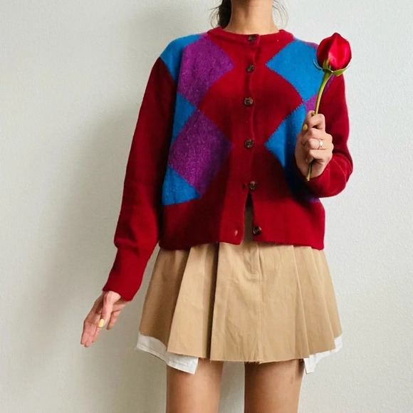 Zara Argyle Knit Button Cardigan Sweater Red Blue Size  Small - Picture 1 of 8